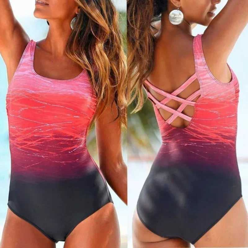 Push Up Swimwear Criss Cross Back One-piece Beach Bathing Suit Gradient Print Plavky Sexy One Piece Women Swimsuit Womens SwimwearW250214