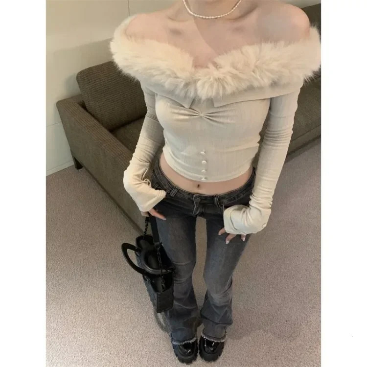 Sexy Off Shoulder Plush Tops Women Autumn Slim Fit Sweaters Women Y2k E-Girl Long Sleeve Bottoming Pullovers 250210