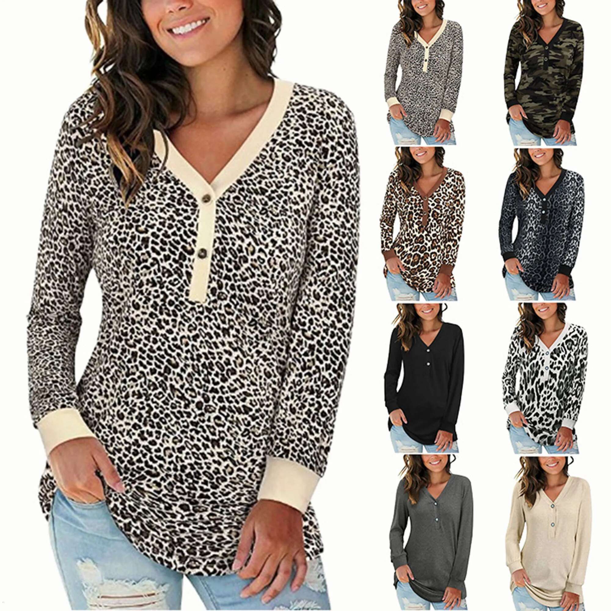 2024 Autumn Cross-Border New V-Neck Button Print Long Sleeved Contrasting T-Shirt Top For Women