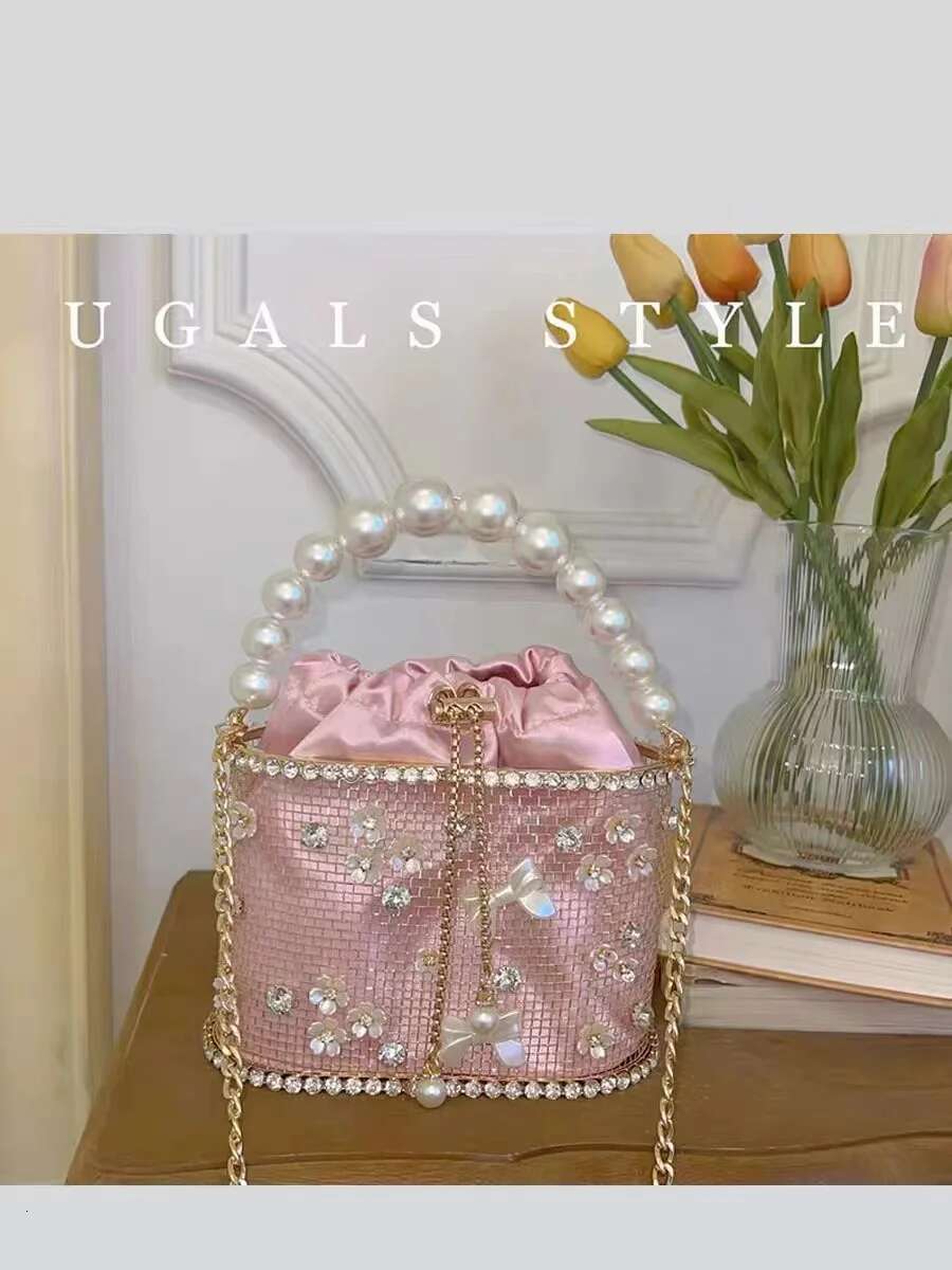 Pearl Beaded Women's Handbag Metal Cage Crystal Shiny Dias Evening Wedding Party Clutch Purse Shoulder Bag