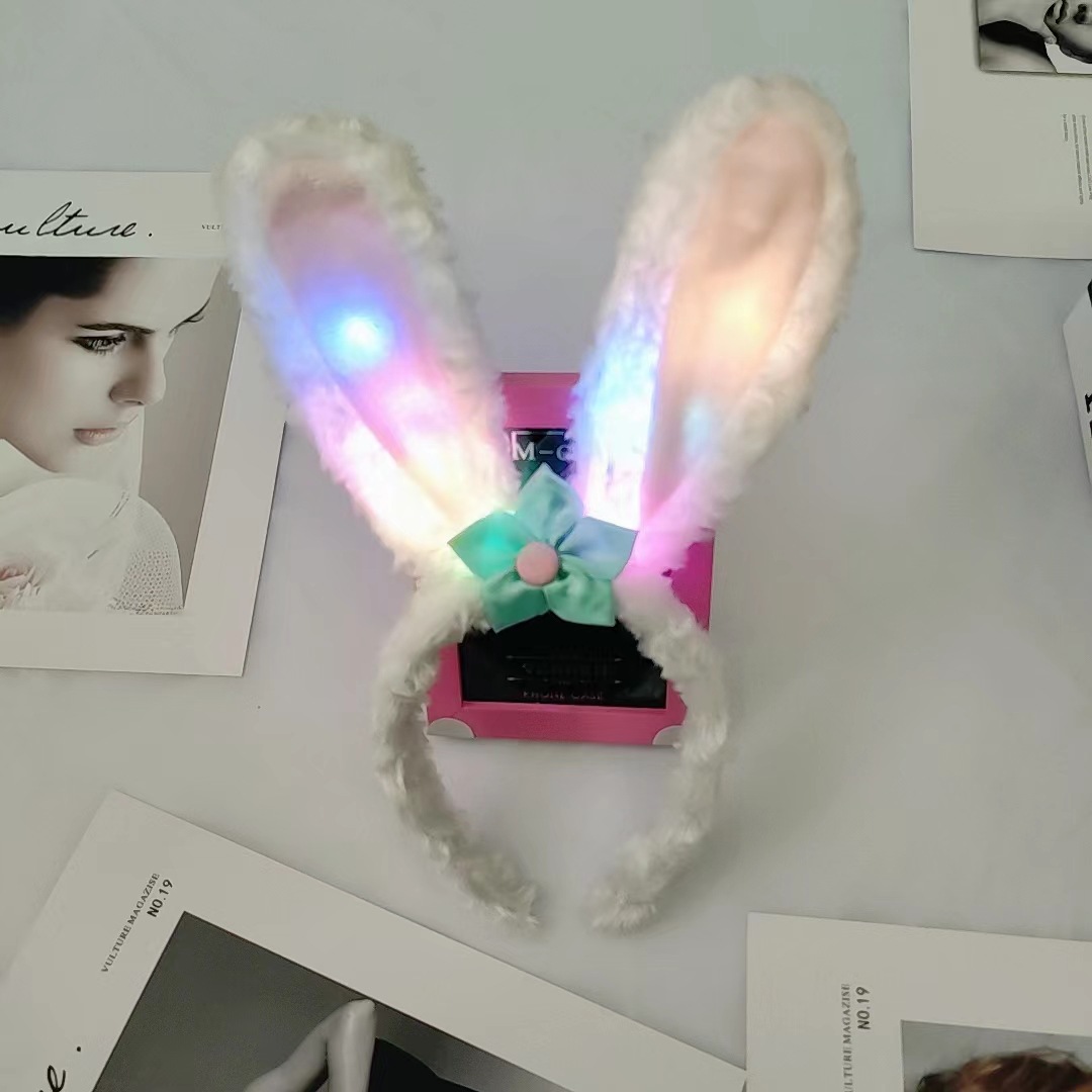 Glowing Flower Design Rabbit Ear Hairband - Cozy Plush Headgear for Everyday Use & Beauty Routine