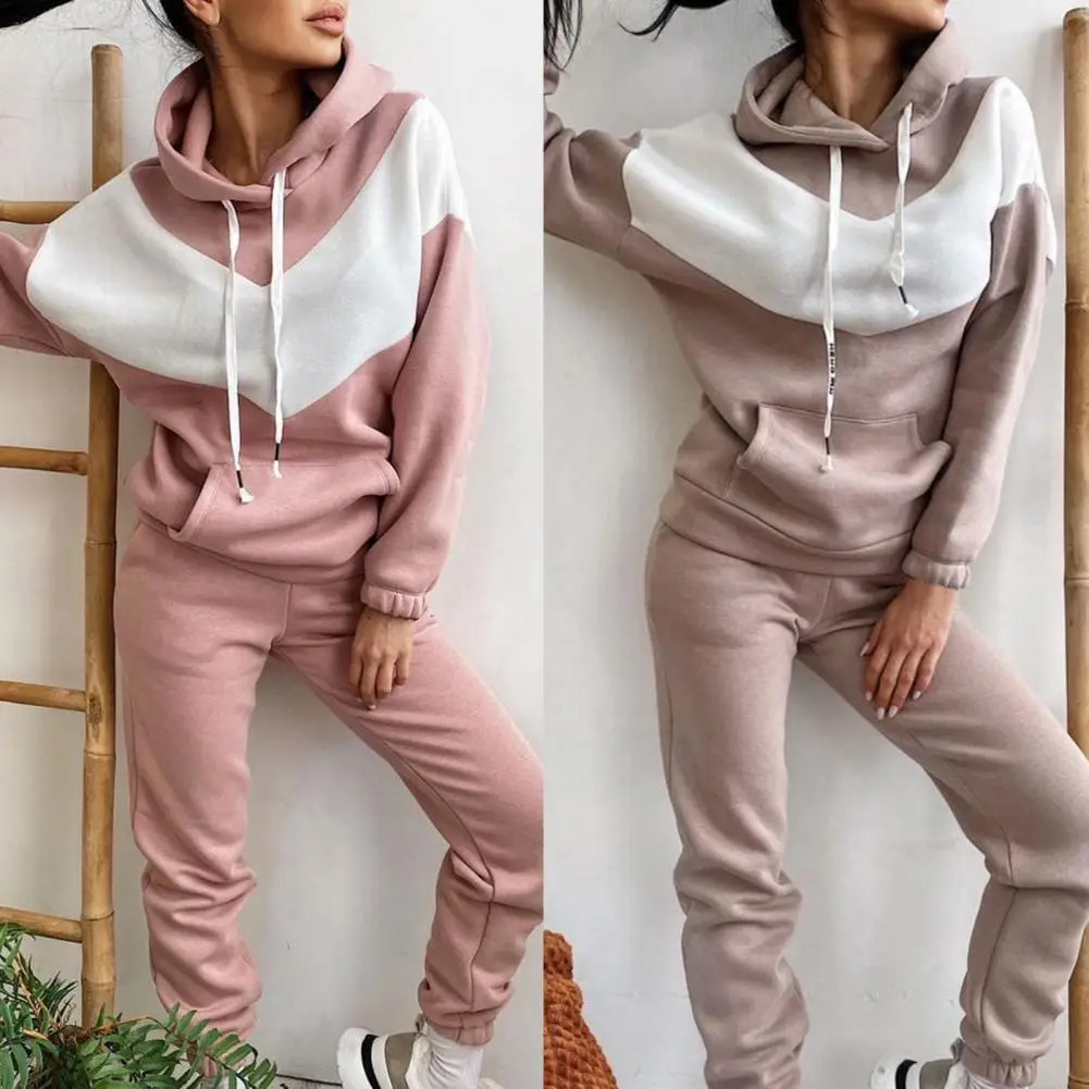 1 Set Stylish Tracksuit Contrast Color Hooded Drawstring Sweatshirt Pockets Pants Set for Running Sport Outfit Sports Suit 250210
