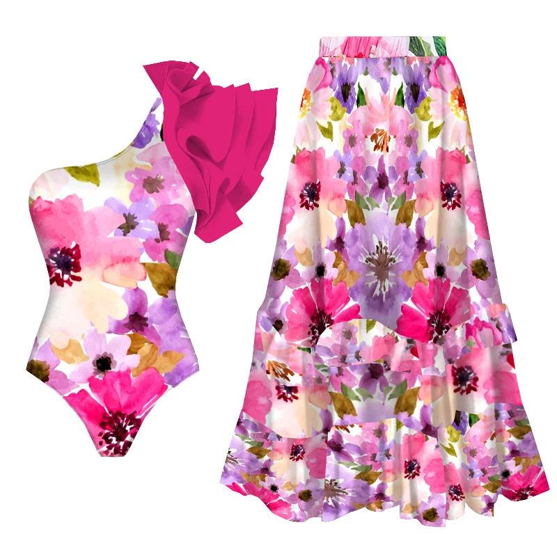Floral Print Shoulder Ruffle One Piece Swimsuit With Cover Up Women Swimwear Sexy Swim Suit Monokini Bodysuit Bathing Suit 250214