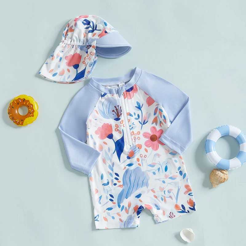 1-4Y Children Toddler Girl Long Sleeve Swimsuit Floral Print Half Zipper Non-Pilling Rash Guard Swimwear Sunhat Set SportswearXJ250214