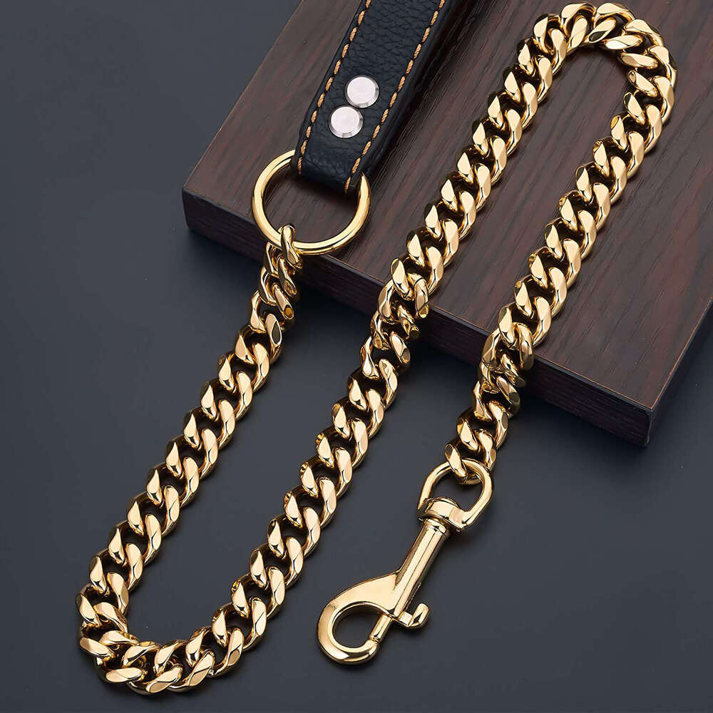 15mm stainless steel dog chain in steel/gold color, comfortable for non gripping dogs and pet supplies, black leather single six traction rope