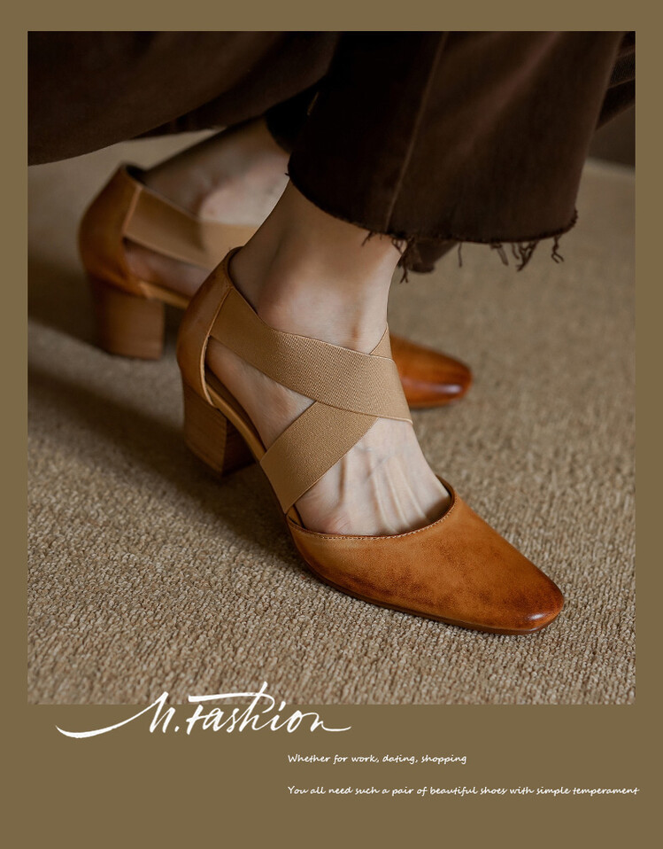 2025 new thick heel square head cross strap single shoe retro high heels all match casual sandals