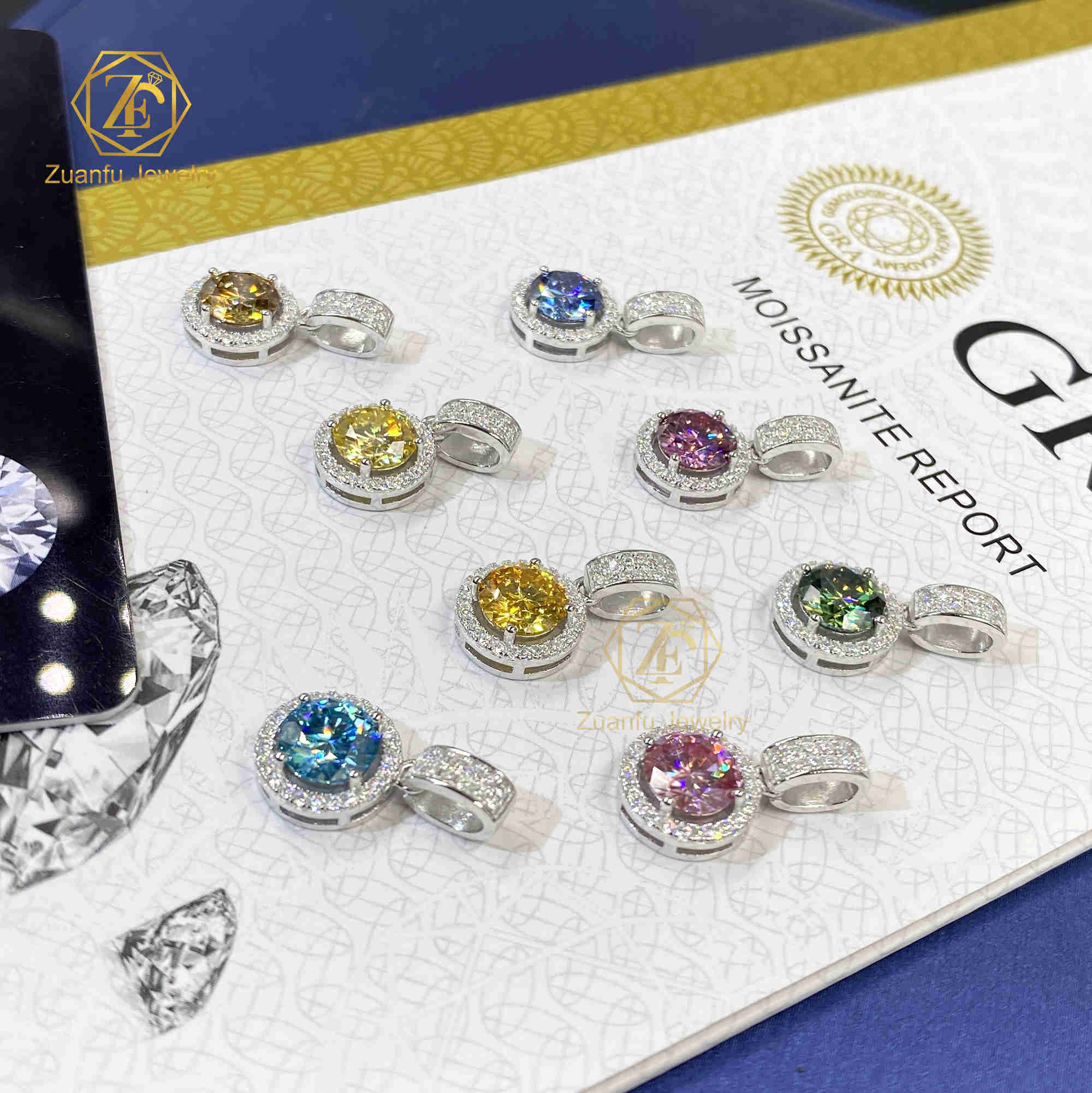 Fashion Design 1CT 6.5MM Moissanite Pendant Charm Pink Yellow Blue Round Brilliant Cut Halo 6.5MM Moissanite Pendant Charm