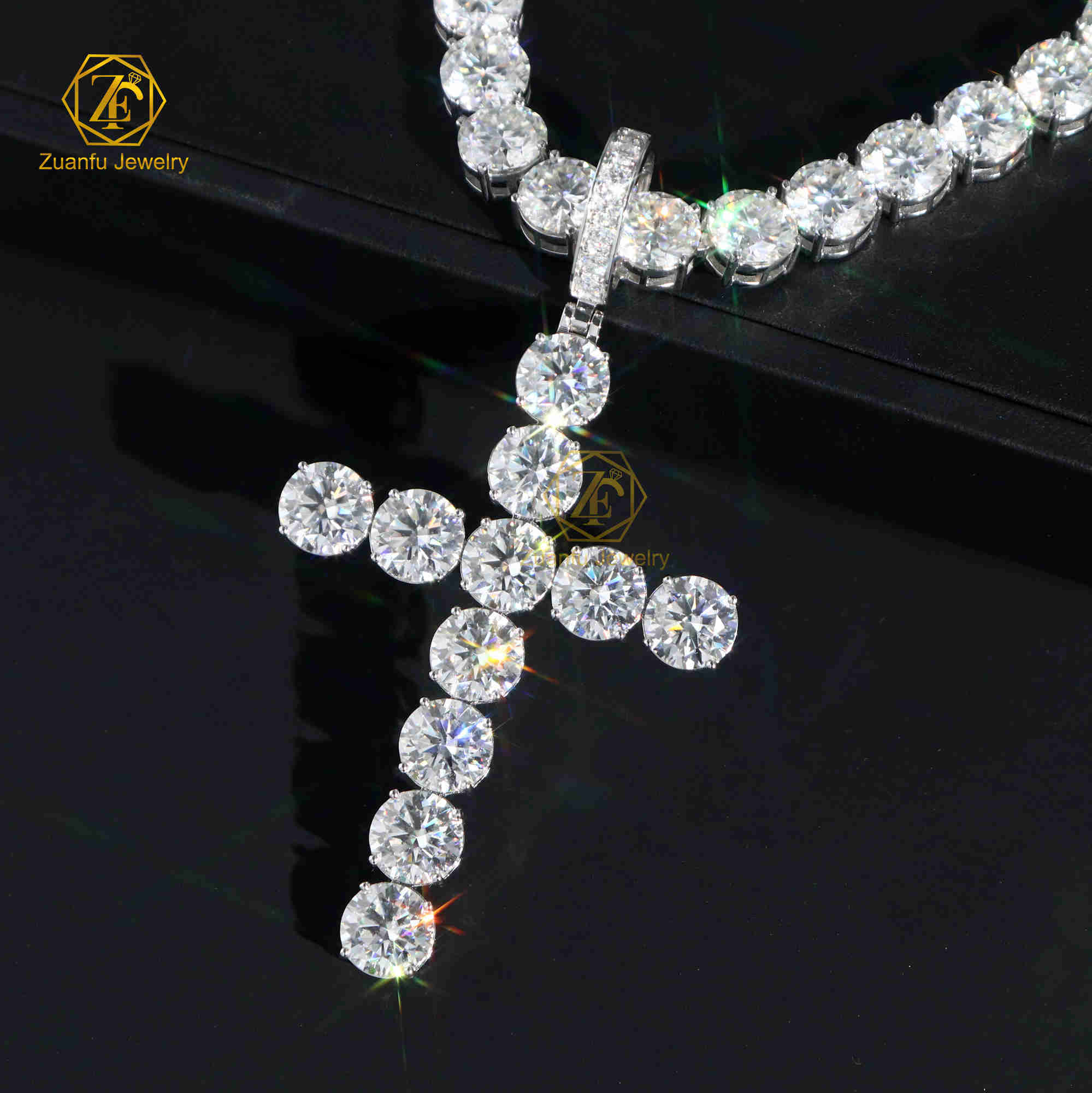 Wuzhou Factory Price Hip Hop Necklace S925 Silver GRA VVS Moissanite 10mm Tennis Link Chain with Pendant