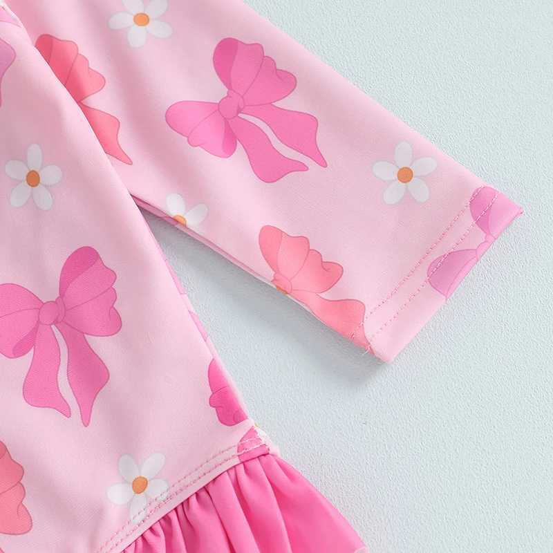 Toddler Girl Ruffle Swimsuit Long Sleeve Zipper Rash Guard Bathing Suit Cute Bow Pattern Swimwear RomperXJ250214