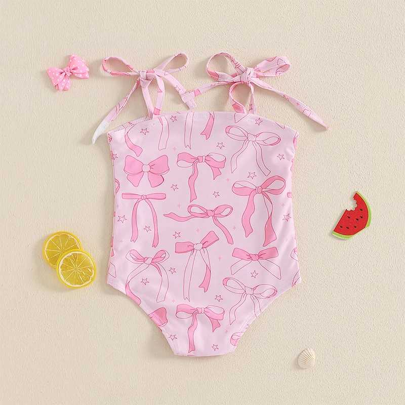 Children s Girls Two-Piece Swimsuit Set with Elastic Waistband and Cute Bow Print Design for Summer Beach FunXJ250214