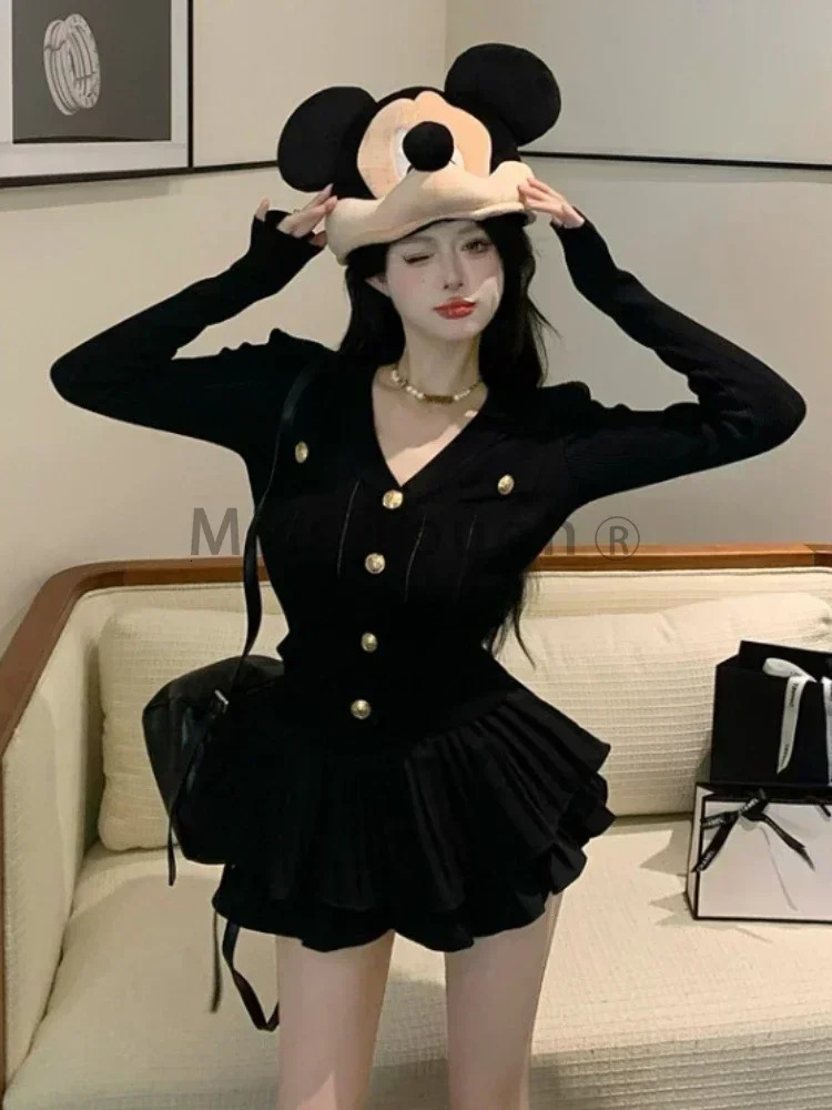 Winter Elegant Knitted Two Piece Set Women V-neck Sweater TopsCake Skirt Female Casual Korean Fashion Slim Vintage Set 250210