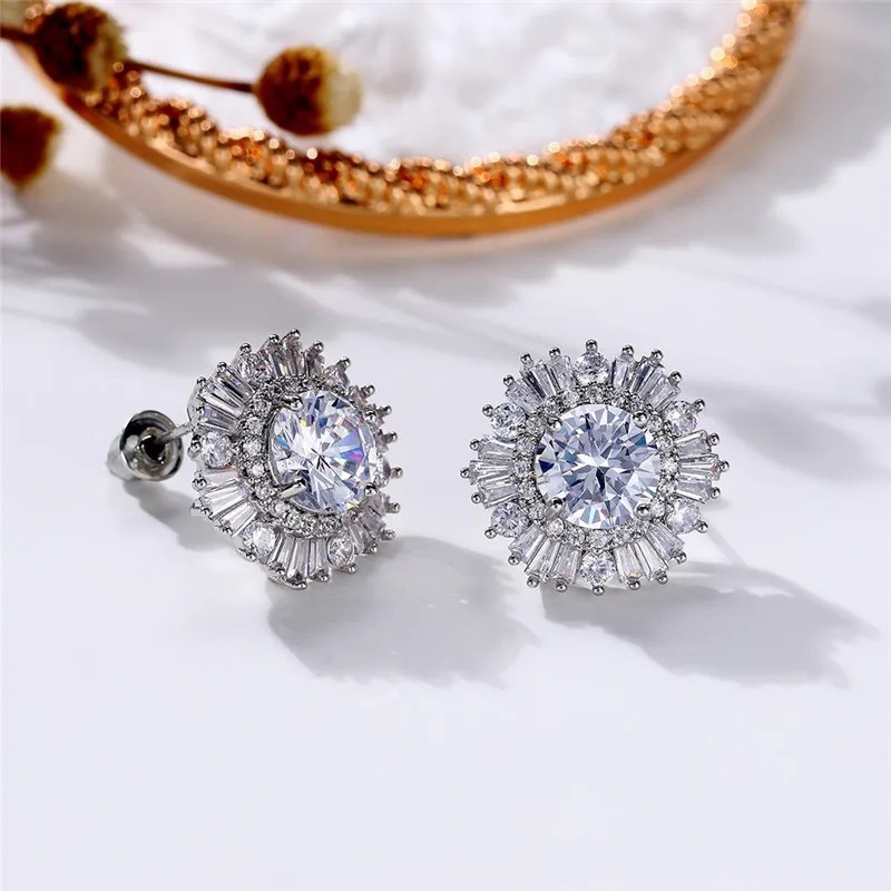 Sparkling Drop Ship Stud Earrings Luxury Jewelry 925 Sterling Silver Round Cut White 5A Cubic Zircon Party Eternity Women Wedding Snow Flower Earring 