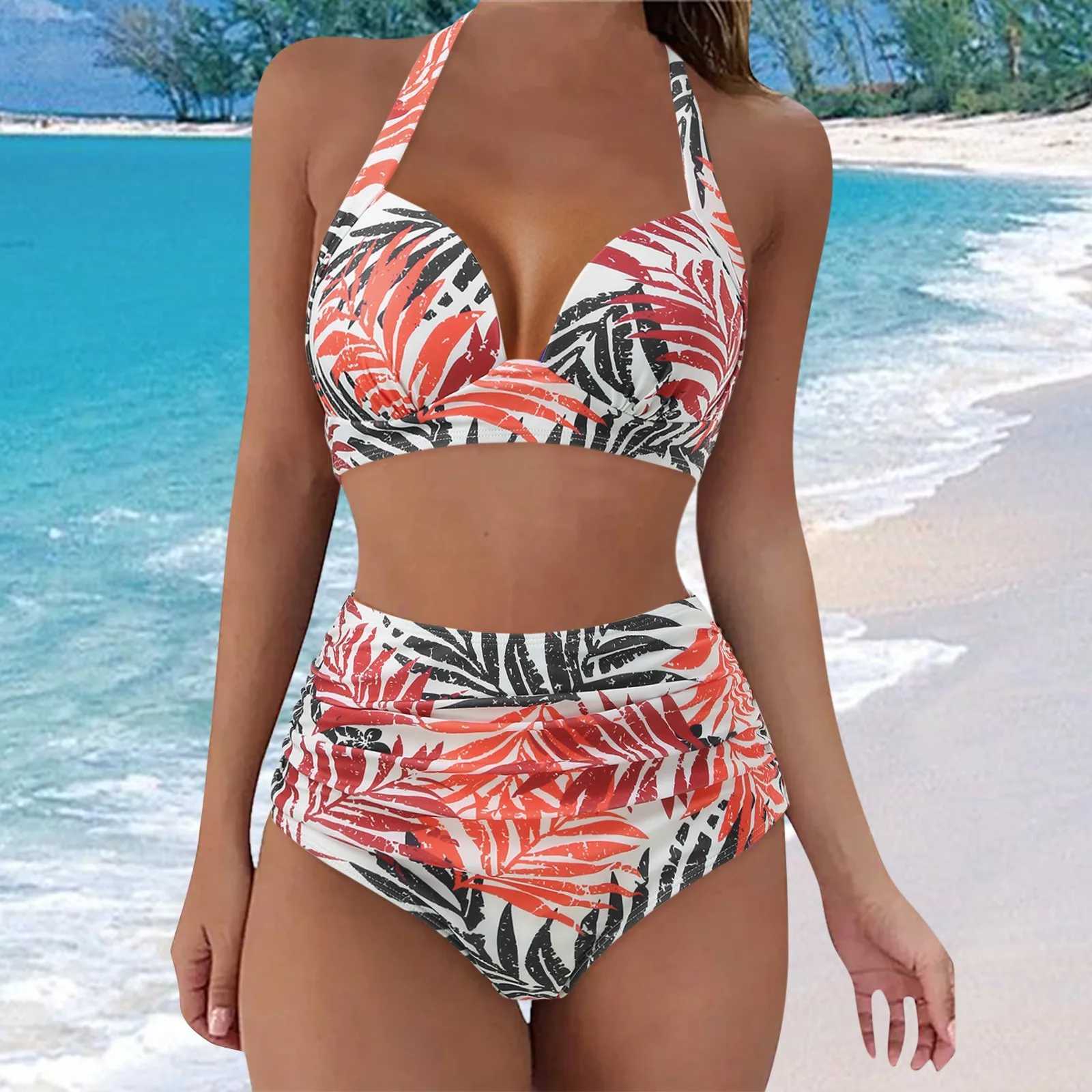 Fashion swimsuit womens 2-piece suspender high waist split Tankini beach clothing summer print party conservative swimsuitW250214
