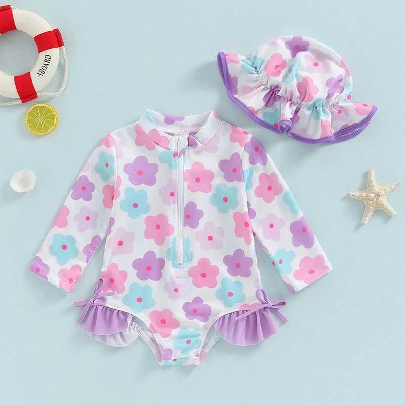 Baby Girl Rash Guard Swimsuits Summer Floral Print Zipper Swimwear and Sun Hat 2 Pieces Set for Toddler Bathing Suits BeachwearXJ250214