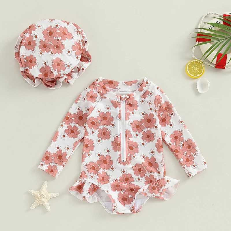 Baby Girls Swimsuit Long Sleeve Flower Print Zipped Bikini with Hat Newborn Swimwear for Summer BathingXJ250214