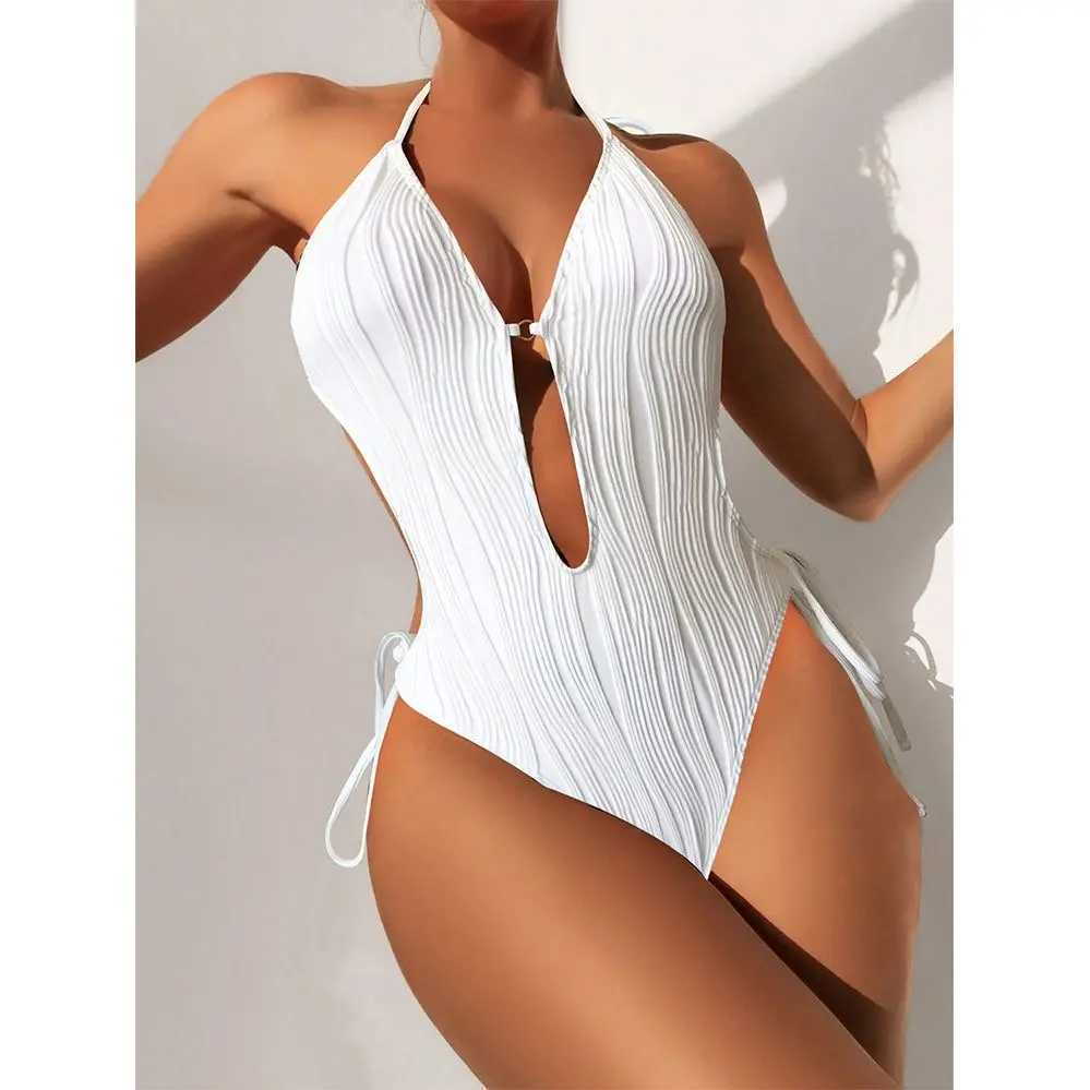 Cikini-Cut Out Tie Side Halter Swimsuit for Women Monochromatic Beach Swimwear Bathing Suit SummerW250214