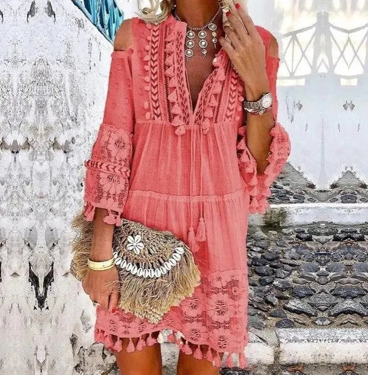 Beach Boho White Lace Fashion Eu Boho Mini Dress Women Autumn Pop Tassel Loose V Neck Dresses Lady Beach Female Clothing 250213