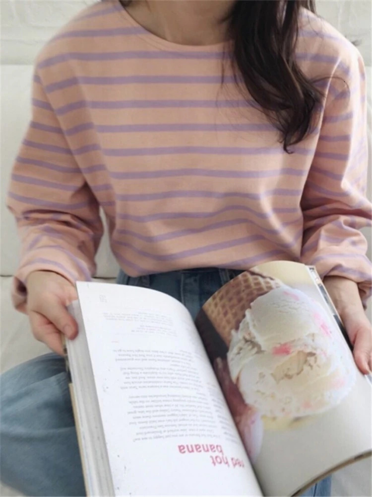 Seoulish Autumn Cotton Classic Striped Womens TShirts Long Sleeve ONeck Casual Loose Shirts Female Knitting Tops 250211