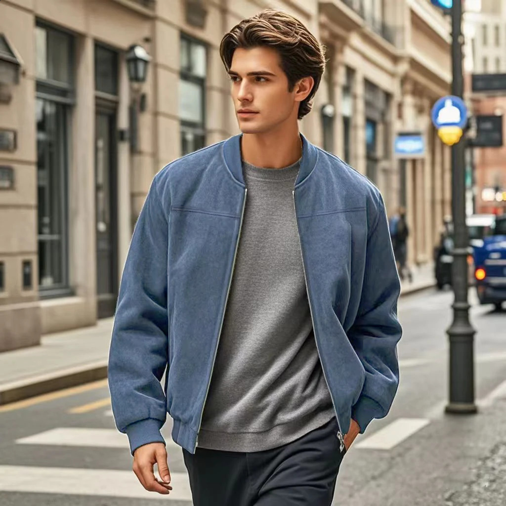 Autumn Suede Solid Color Mens Zip Jacket Vintage Cardigan 250210