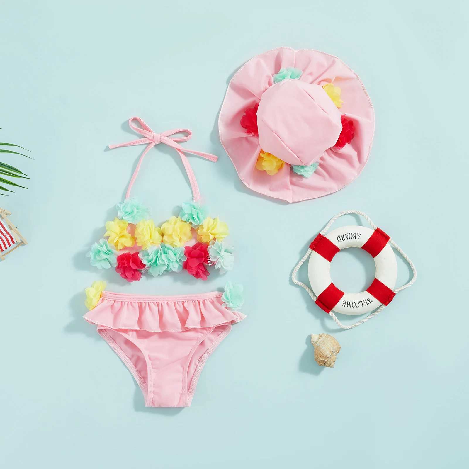 Citgeett Summer Infant Girls Swimsuits Flower Halter Neck Tops Ruffles Shorts Hat Bikini Split Swimwear Clothes SetXJ250214