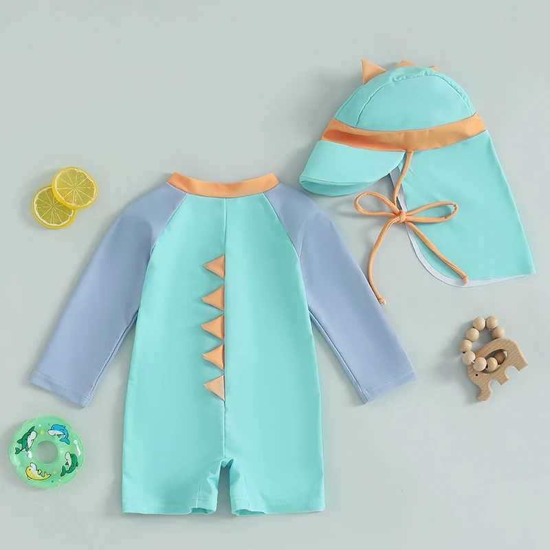 0-3T Newborn Toddler Boys Rash Guard Swimsuit Contrast Color Dinosaur Print Long Sleeve Mock Neck Zip Bathing Suit with HatXJ250214