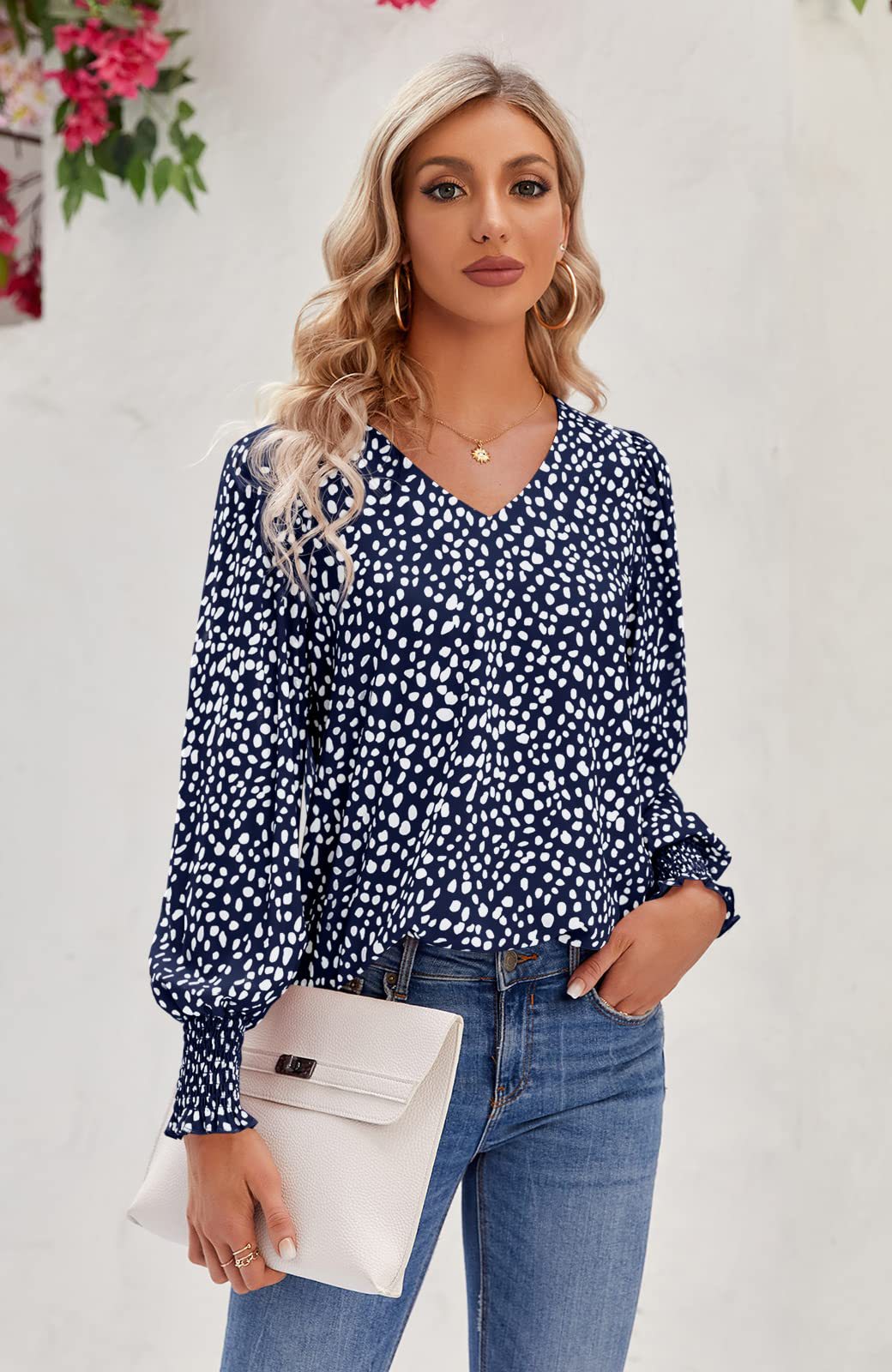 2025 Spring New Loose Printed Long Sleeve V-neck Chiffon Shirt Women's Top