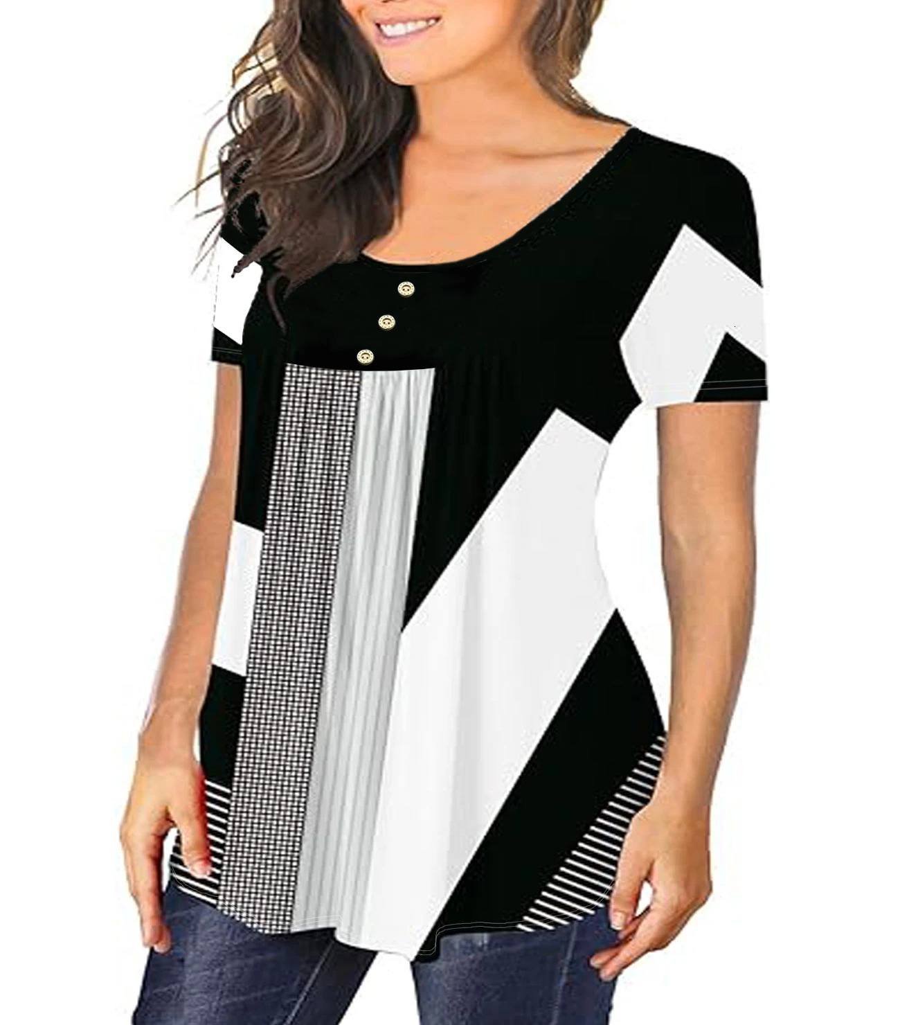 Plus SizeEuropean and American womens spring and summer short sleeved pleated shirt with loose and flowing waistband top 250210