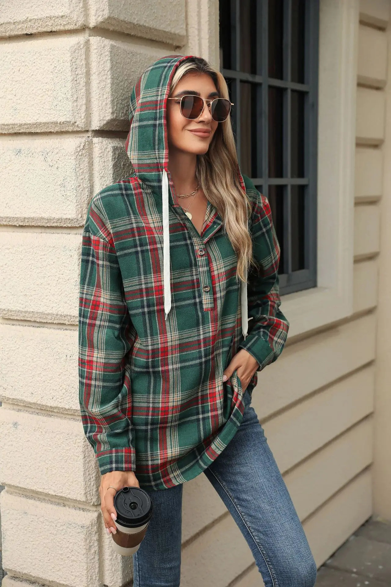 Autumn and winter loose long sleeved hooded button checkered coat casual hoodie for women 250213