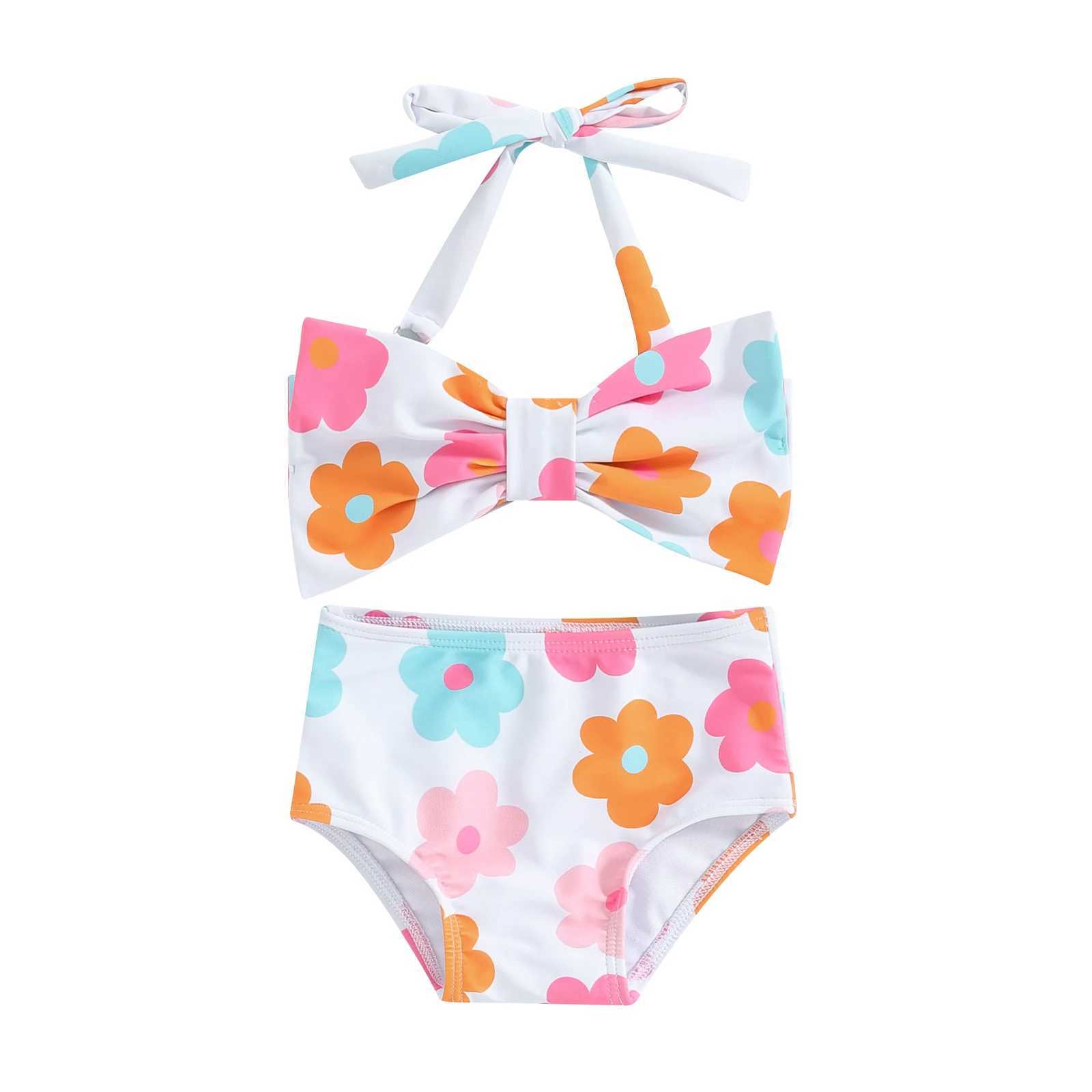 2024 New Little Baby Girls Summer Bikini 2 Pcs Set Toddler Flower/Plaid Print Sleeveless Bow Bikini Tops with Shorts SwimsuitXJ250214
