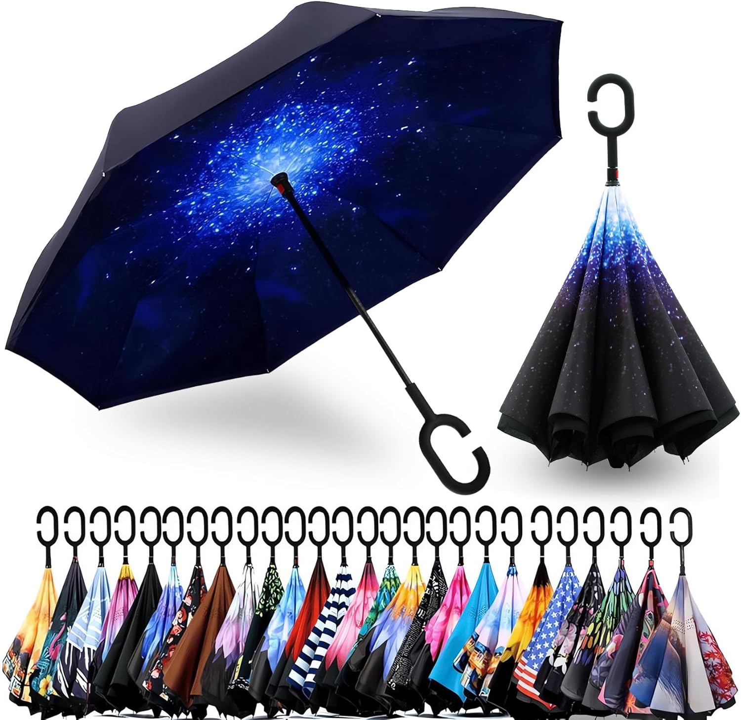 Reverse Folding Umbrella Sunny Rainy Inverted Umbrellas Double Canopy Vented Windproof Waterproof Stick Golf Umbrellas With C-shape Handle.