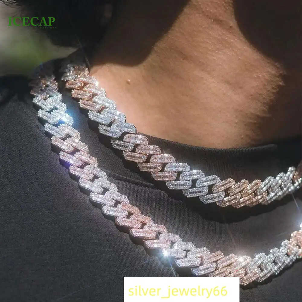 Luxury 925 Sterling Silver 2 Tone Baguette Cut d Vvs Moissanite Diamond Cuban Chain Hip Hop Necklace for Men Women