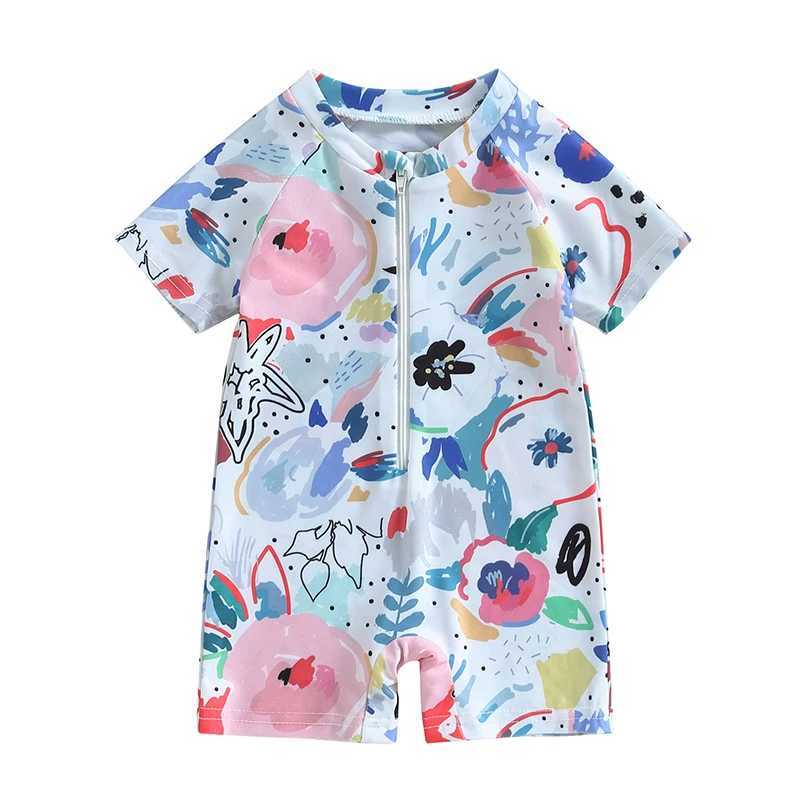 Infant Baby Girls Boys Rash Guard Swimsuit Playsuits Watercolour Print Zipper Short Sleeve Sun Protection Bathing Suit 0-3TXJ250214