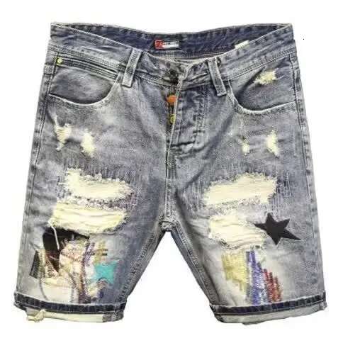 New High-Streets Summer Slim Denim Shorts For Men With Distressed Ripped Embroidered Cat Whiskers Hip Hop Streetwear Short Pants