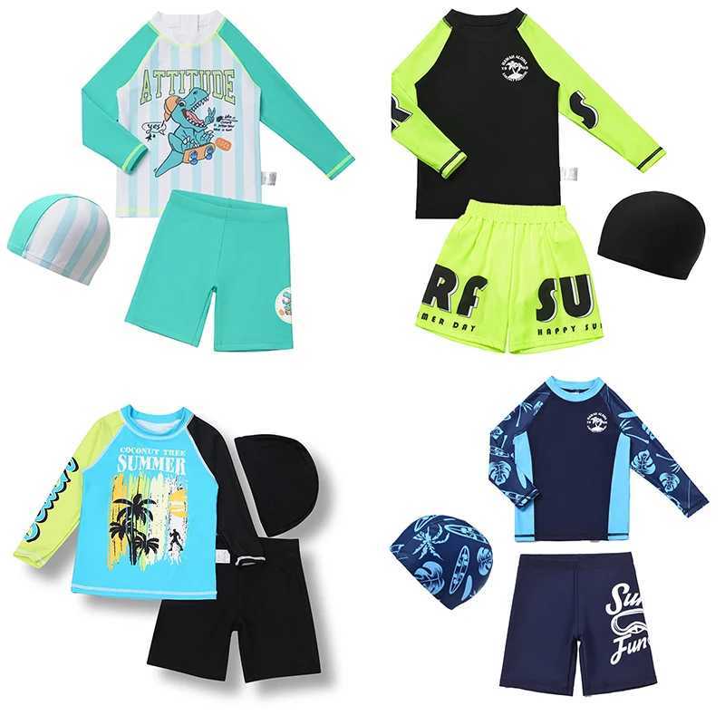 3 Pcs New Boys Swimsuit Sun Protection UPF 50+ Long Sleeve Swimming Sunsuit Hat Split Children Fluorescent Bathing SuitsXJ250214