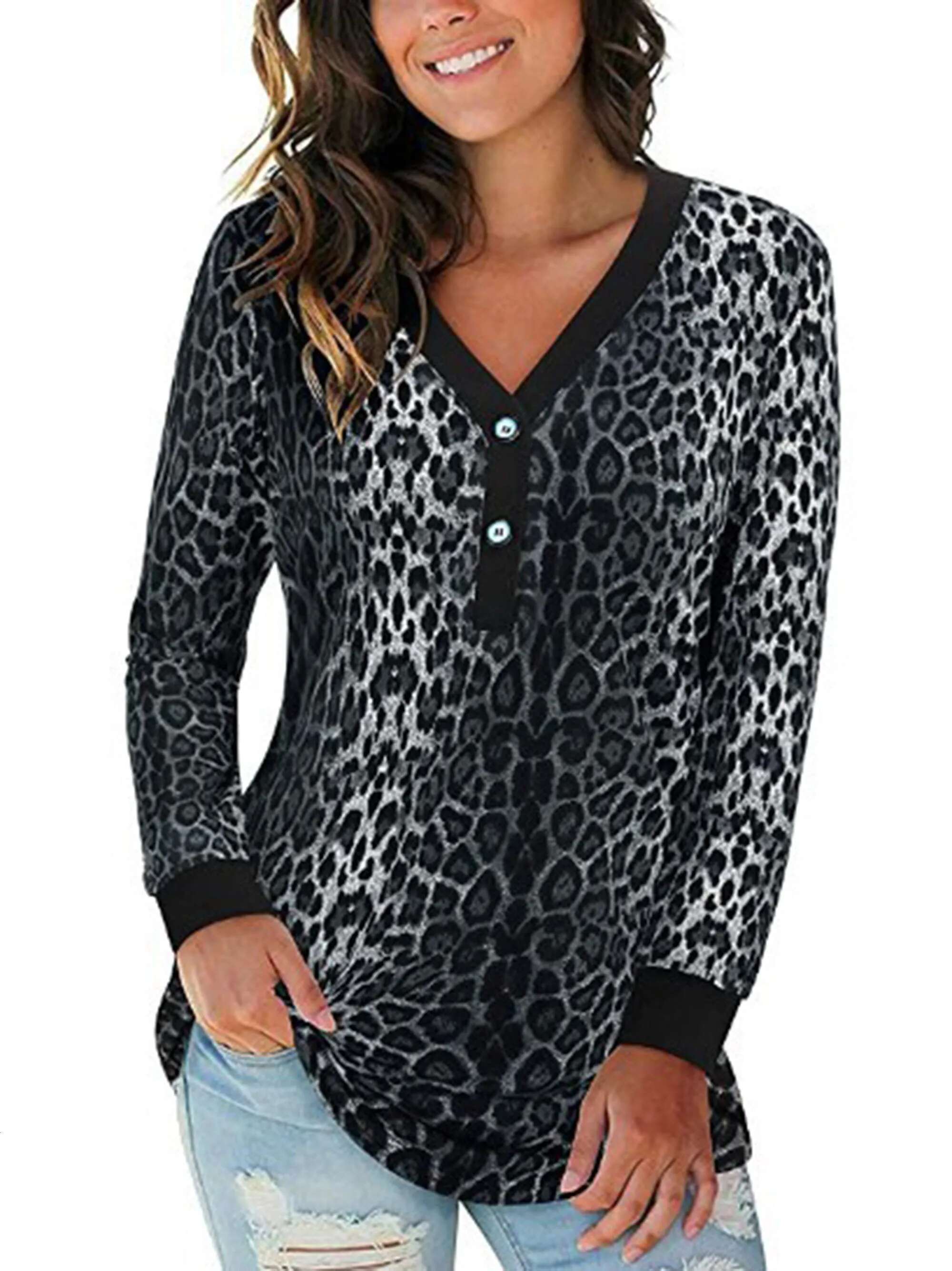 2024 Autumn Cross-Border New V-Neck Button Print Long Sleeved Contrasting T-Shirt Top For Women
