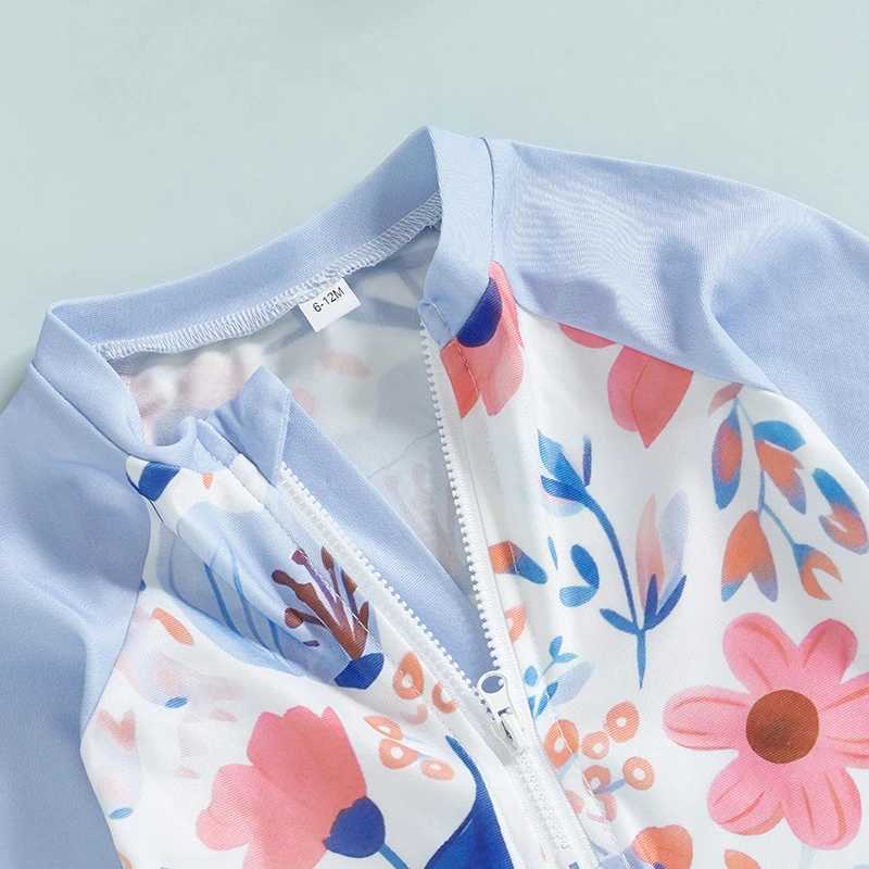 1-4Y Children Toddler Girl Long Sleeve Swimsuit Floral Print Half Zipper Non-Pilling Rash Guard Swimwear Sunhat Set SportswearXJ250214