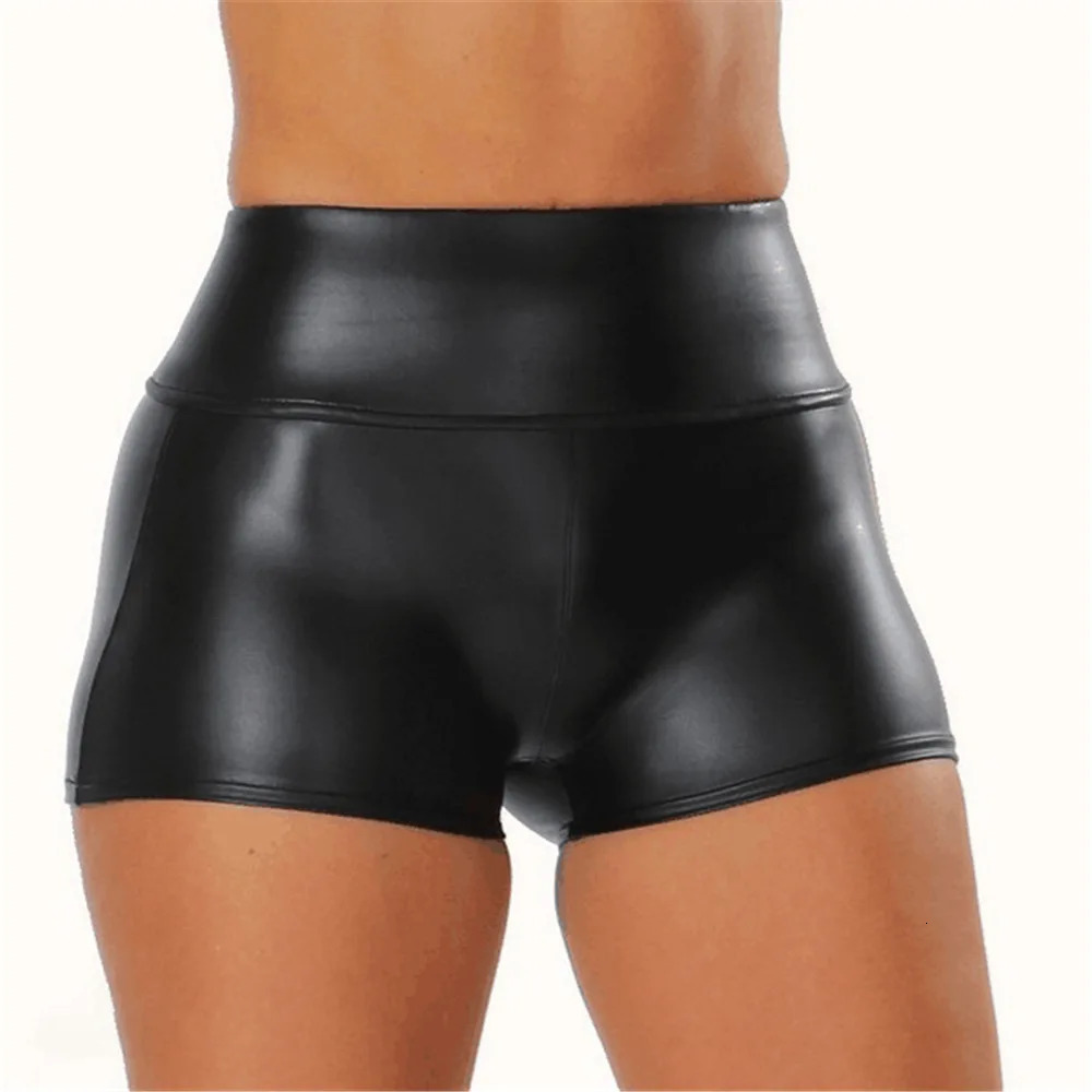 Sexy Nightclub Leather Short High Waist Stretch Push Up Black Pants Sports Fitness Female Slim Shorts 250213