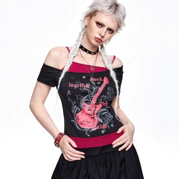 Designer Free Shipping 2025 Summer New Fashionable Pattern Women Short Sleeved Personalized Fake Two-piece Design T-shirt