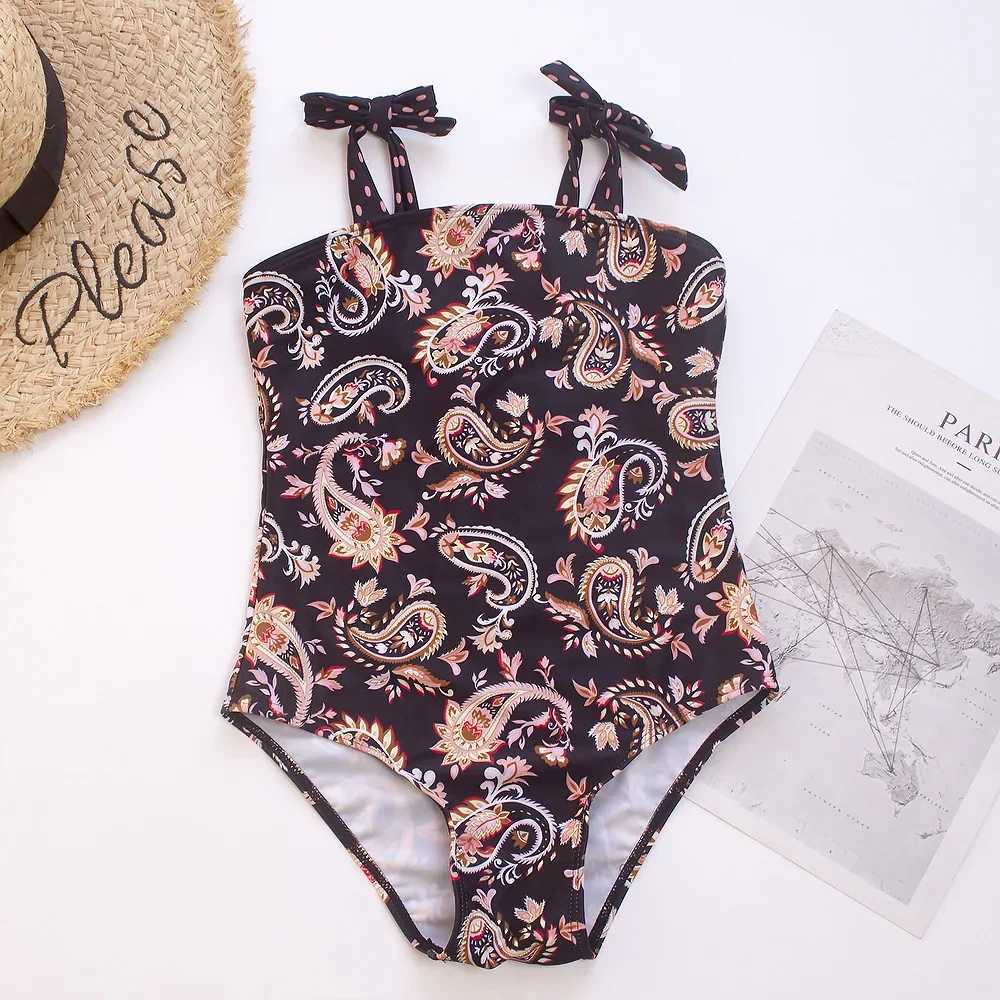 Large Girls Tropical Print One-piece Swimsuit Girls Bow Strap Swimwear Kids Beach Bathing Suits Children Printing Swim BodysuitXJ250214