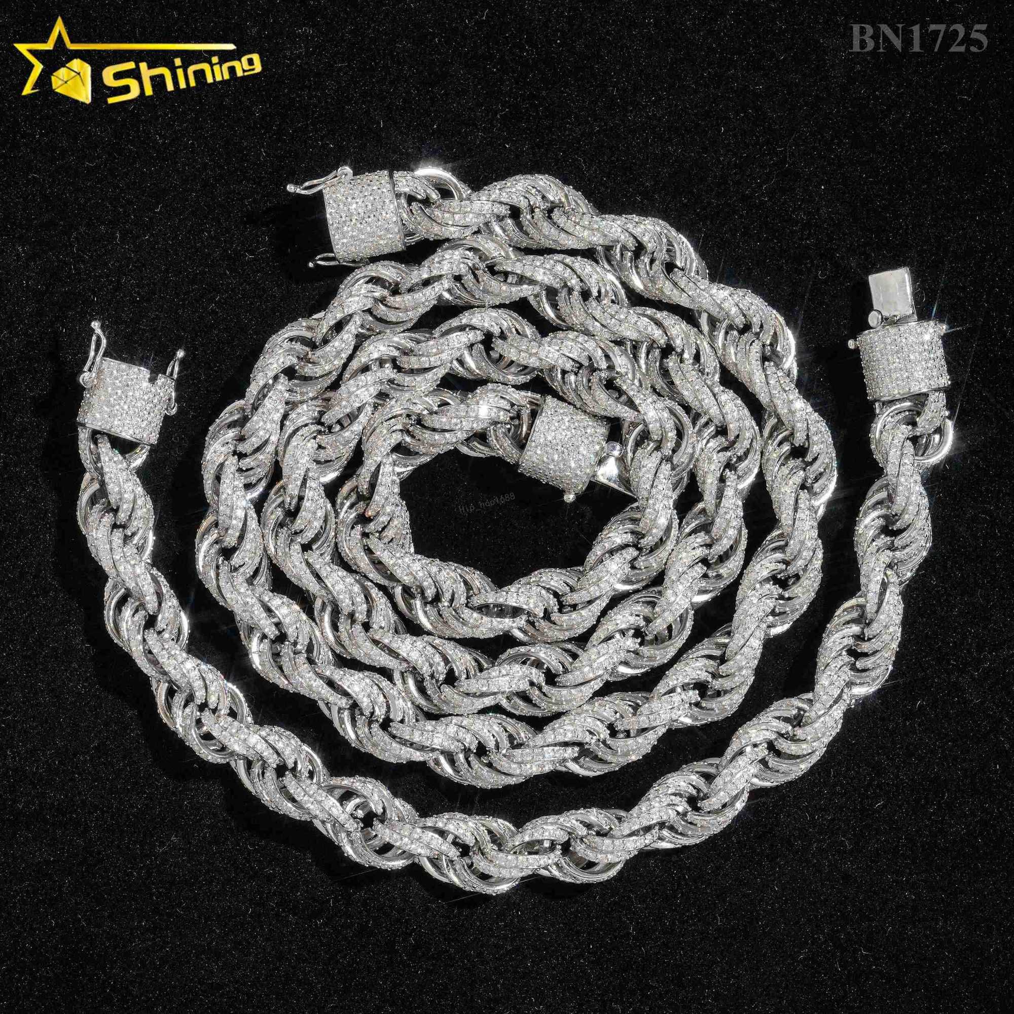 Fine Jewelry Hot Selling 10MM Diamond Cut 925 Silver Hip Hop Necklace Iced Out Moissanite Rope Chain