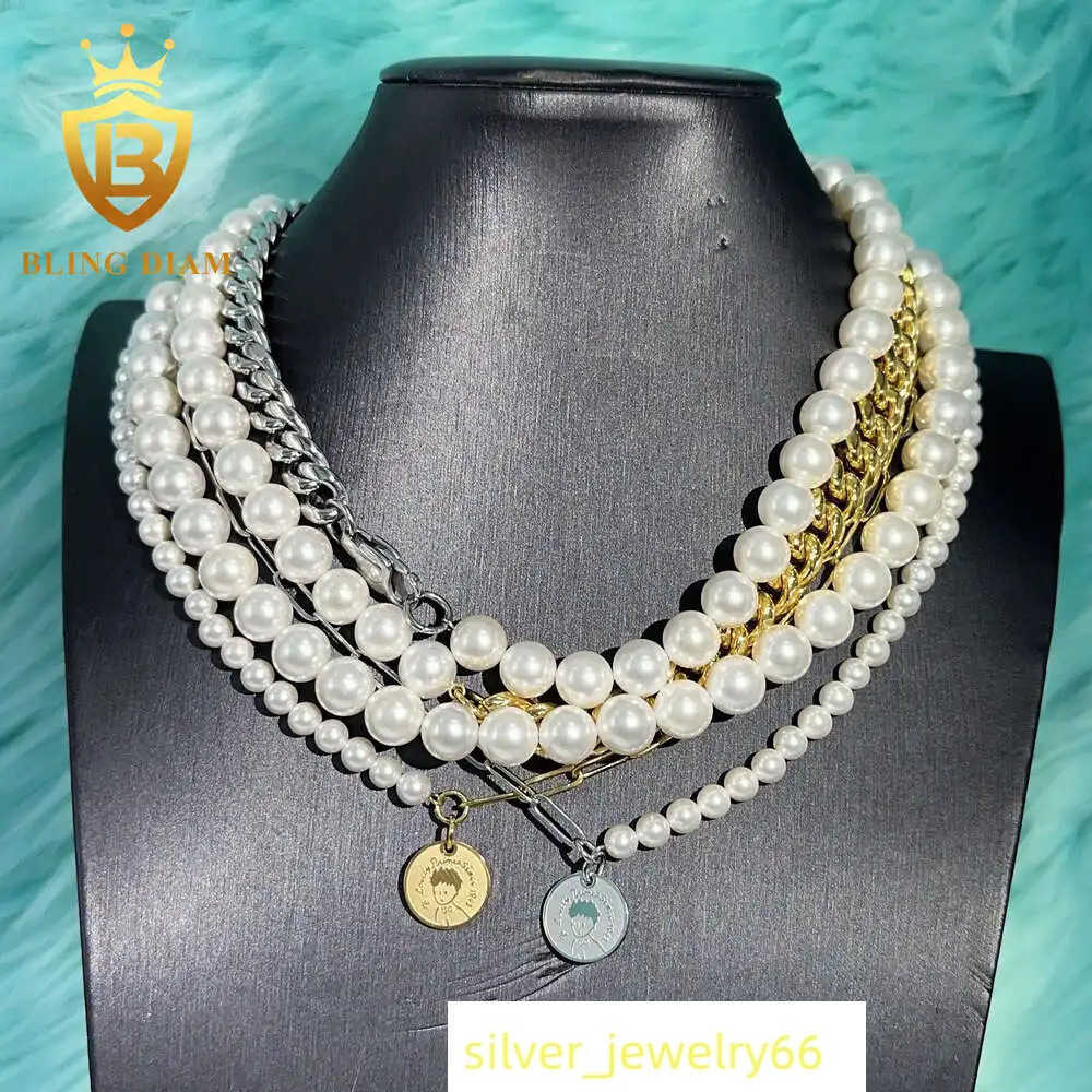 Fashion Women Jewelry 10mm 8mm Mother of Pearl Stainless Steel Cuban Link Chain Freshwater Pearl Chocker Necklace Bracelet