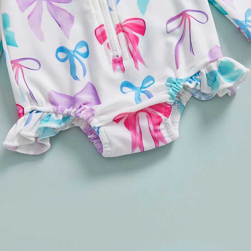 Toddler Kids Baby Girls Rash Guard Swimsuits Long Sleeve Bow/Fruit Print Bathing Suits Infant Zipper Swimwear with HeadbandXJ250214