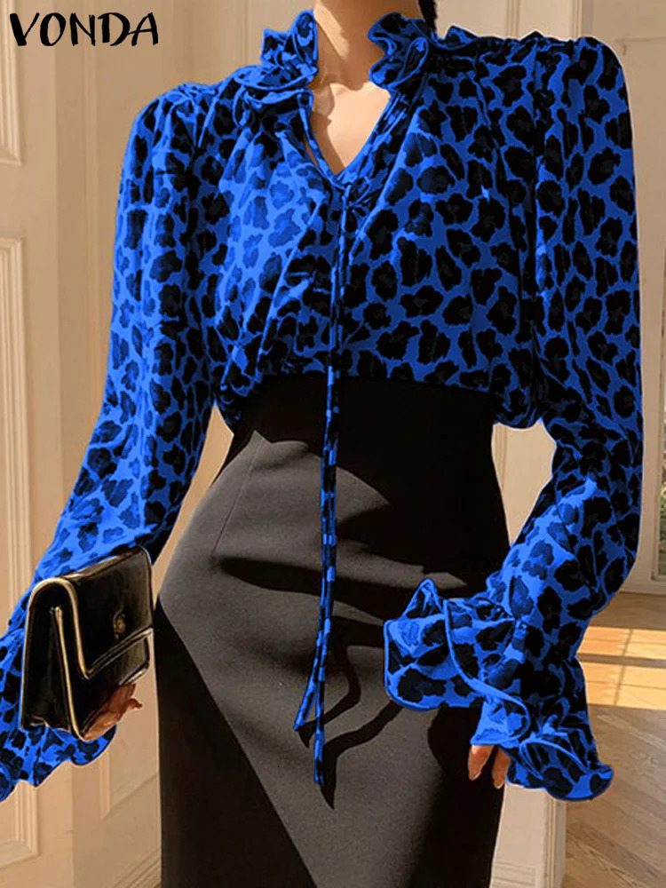 Plus Size 5XL VONDA Women Leopard Blouses Flare Long Sleeve Tops Elegant Pattern Shirts Sexy Fitting Blouses Casual Tunic 250210