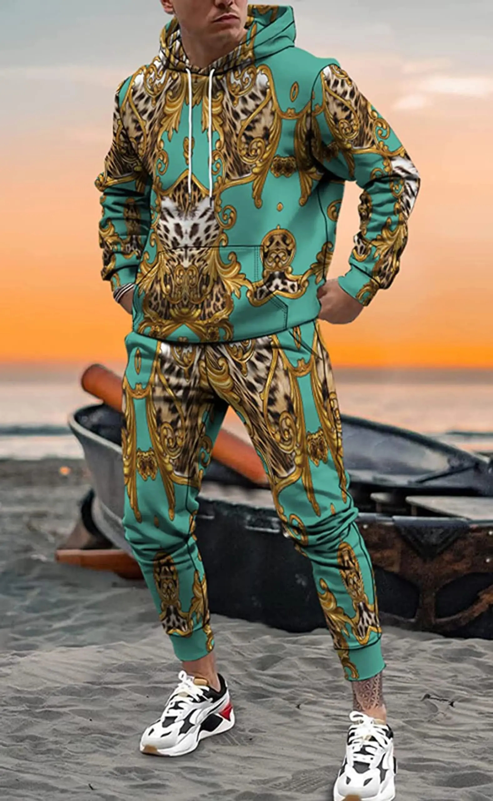 3D Leopard Print Mens Hoodie Pants 2-Piece Outfits Autumn/Winter Mens/Womens Hooded Sweatshirt Sets Oversized Tracksuit Suits 250214