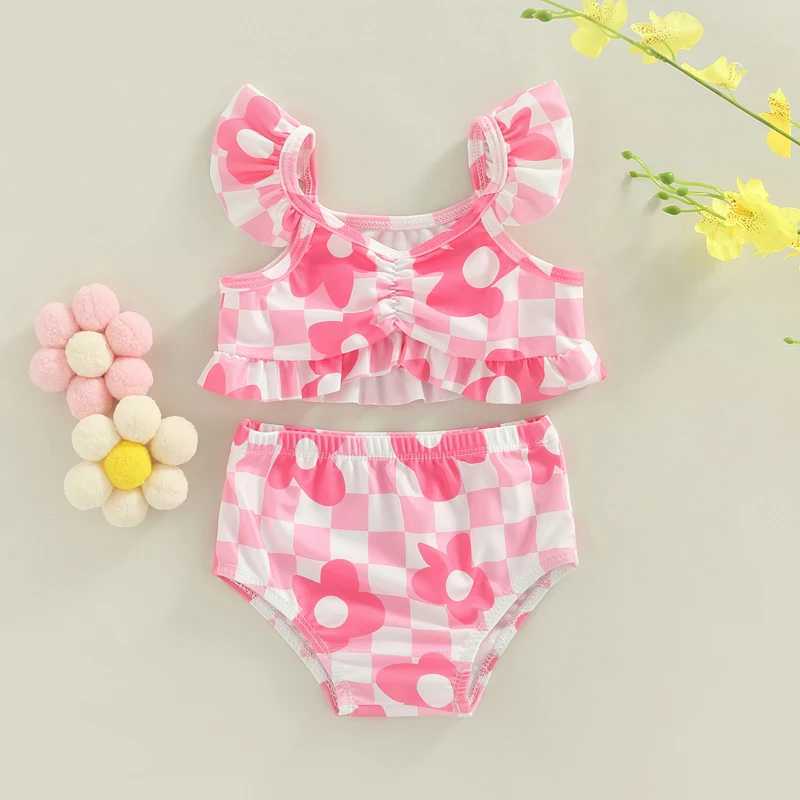 Toddler Baby Girls Swimwear Bikini Set Flower Plaid Print Fly Sleeve Camisole with Briefs Bathing Swimsuit for Summer BeachwearXJ250214