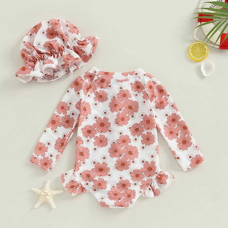 Baby Girls Swimsuit Long Sleeve Flower Print Zipped Bikini with Hat Newborn Swimwear for Summer BathingXJ250214