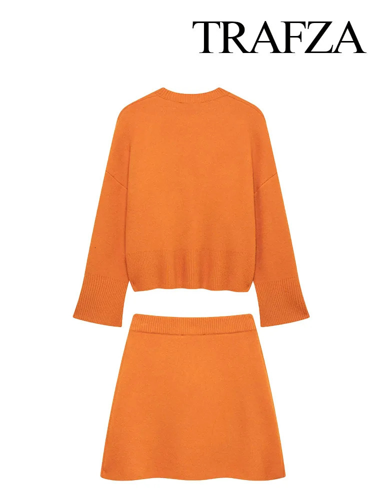 TRAFZA Women Fashion Skirt Suits Orange ONeck Long Sleeves PulloverElastic Waist Mini Skirts Female Spring Casual Knitting Set 250214