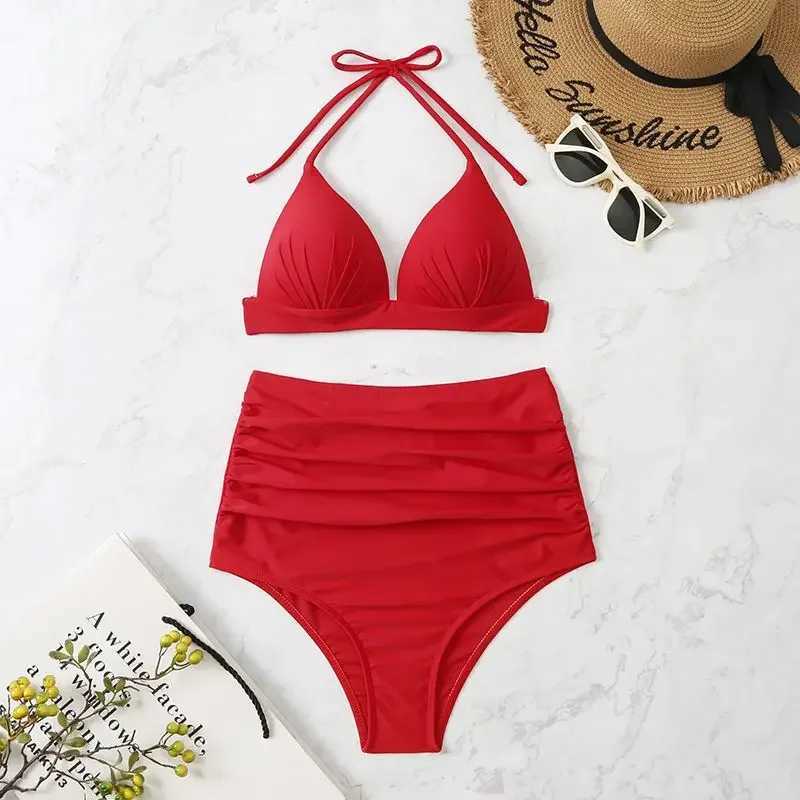 Push Up Bikinis 2024 Women Swimsuit Solid High Waist Swimwear Female Summer Swimming Bathing Suit Mayo Beachwear Red White PinkW250214