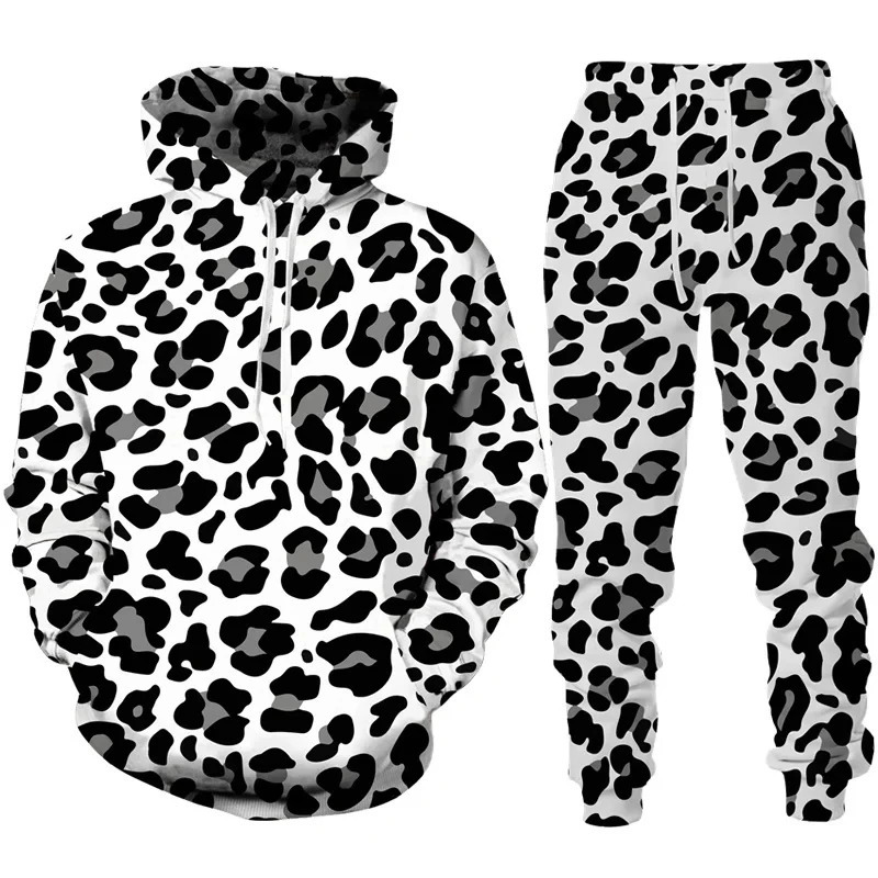 3D Leopard Print Mens Hoodie Pants 2Pcs Outfits Casual Men Women Hooded Sweatshirt Sets Autumn/Winter Oversized Tracksuit Suits 250214