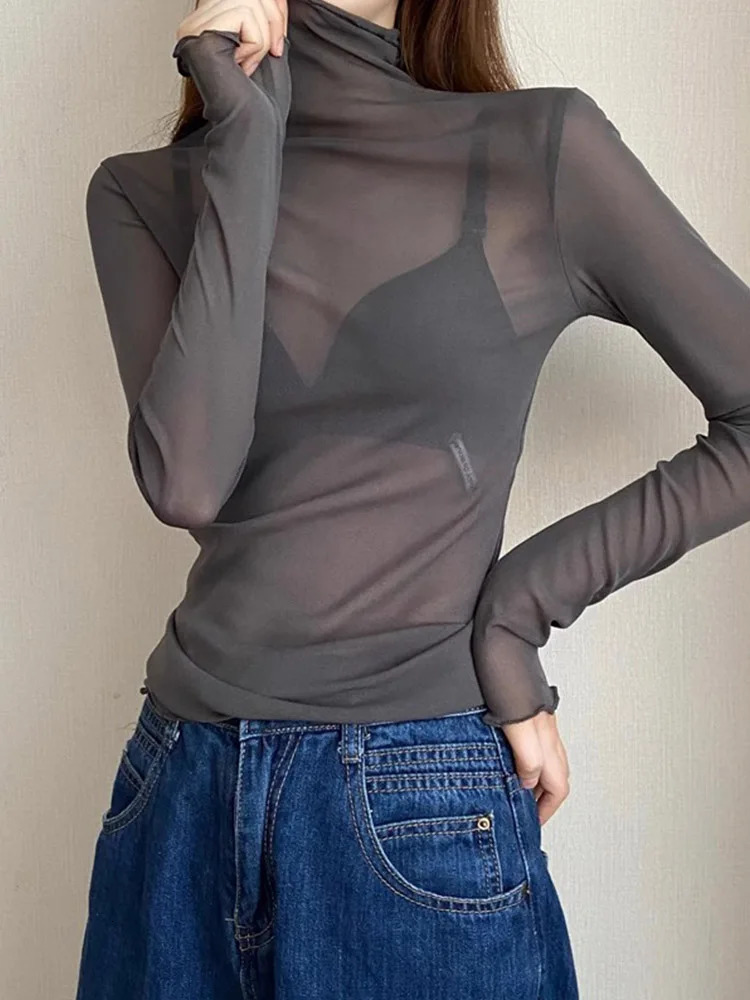 Spring Summer Womens Long Sleeve Sexy Black Mesh Top Punk Shirt Tees Beach Tops Ladies Bottom 250211